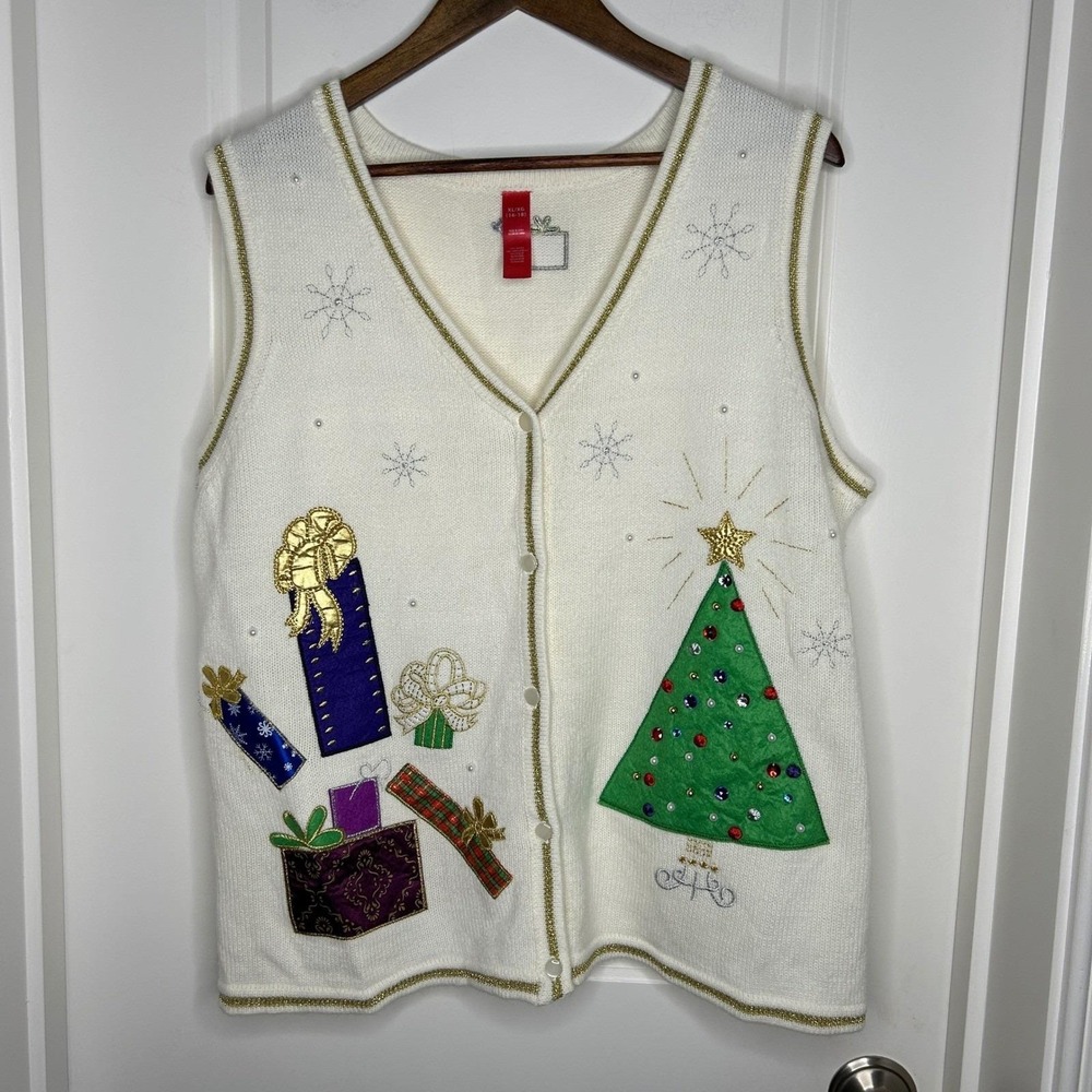 Womens XL Ugly Christmas Sweater Vest White Knit Tree Gifts Pearls Gold Trim